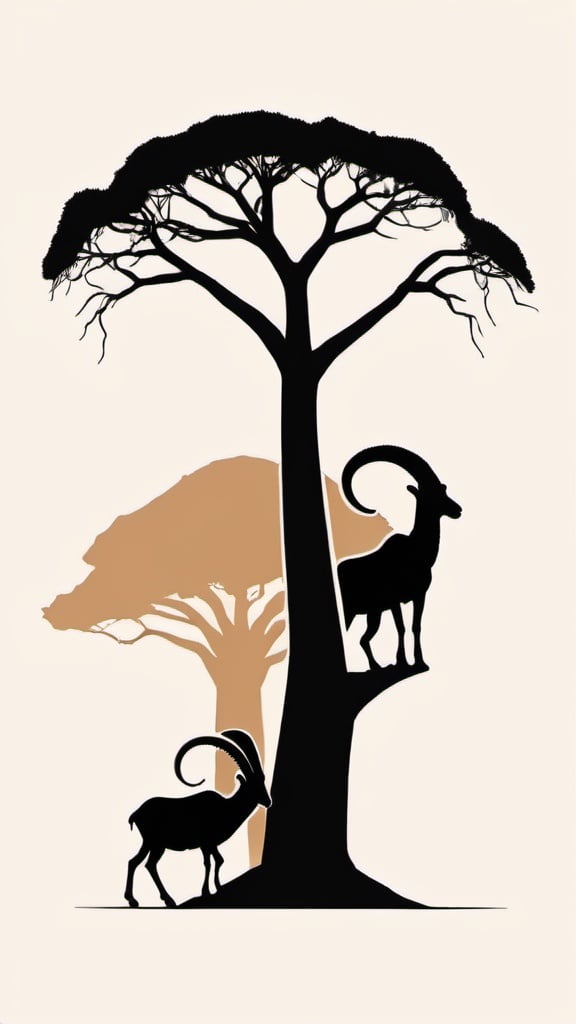 Prompt: Ibex and baobab trees. Minimalist. Illustrative 