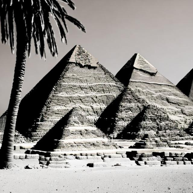 Prompt: pyramids and palm trees professional photography black and white
