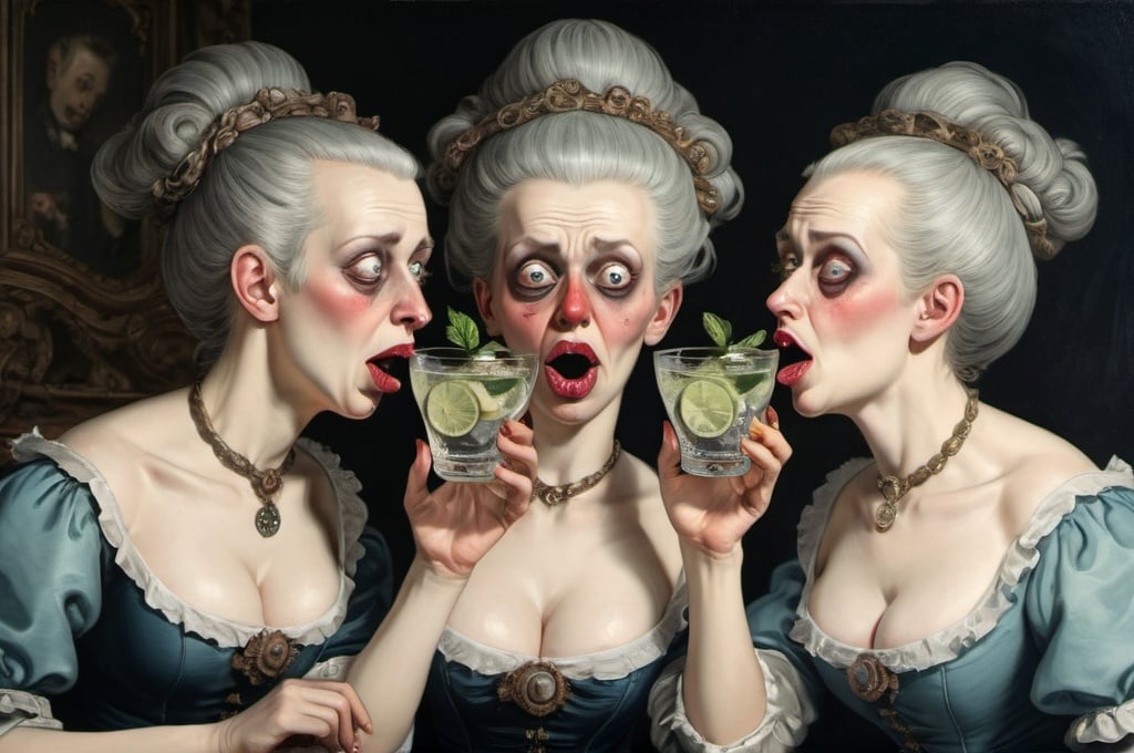 Prompt: Grotesque women drinking gin