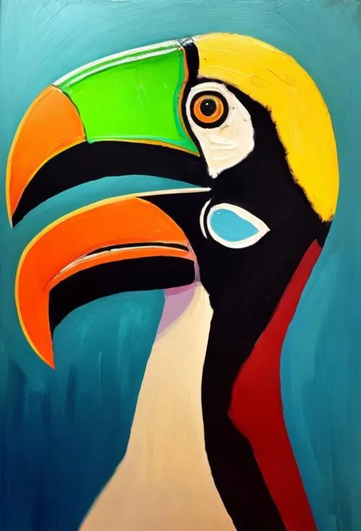 Prompt: Woman with head of a toucan. Oil painting. 
