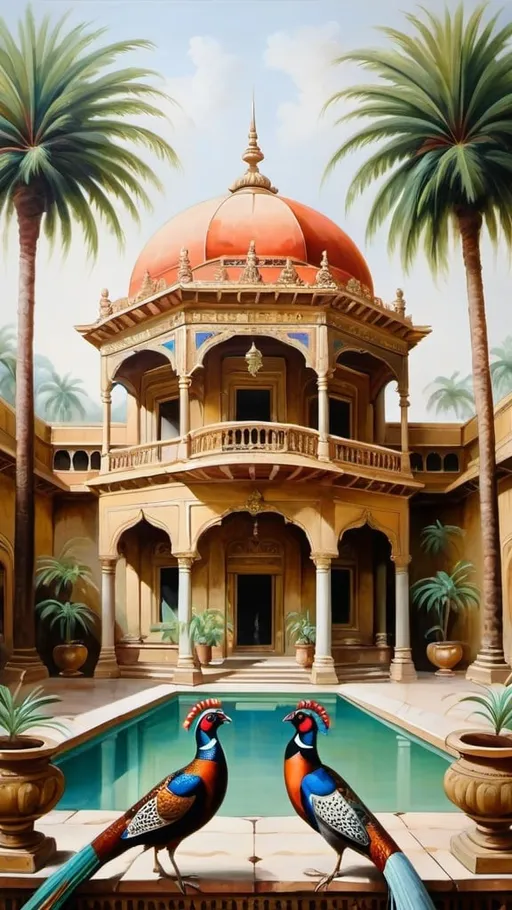 Prompt: Huge exotic palace with palm trees and pheasants painting 