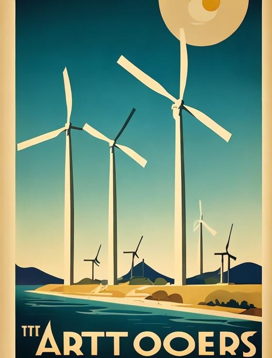 Prompt: art deco travel poster with windmills