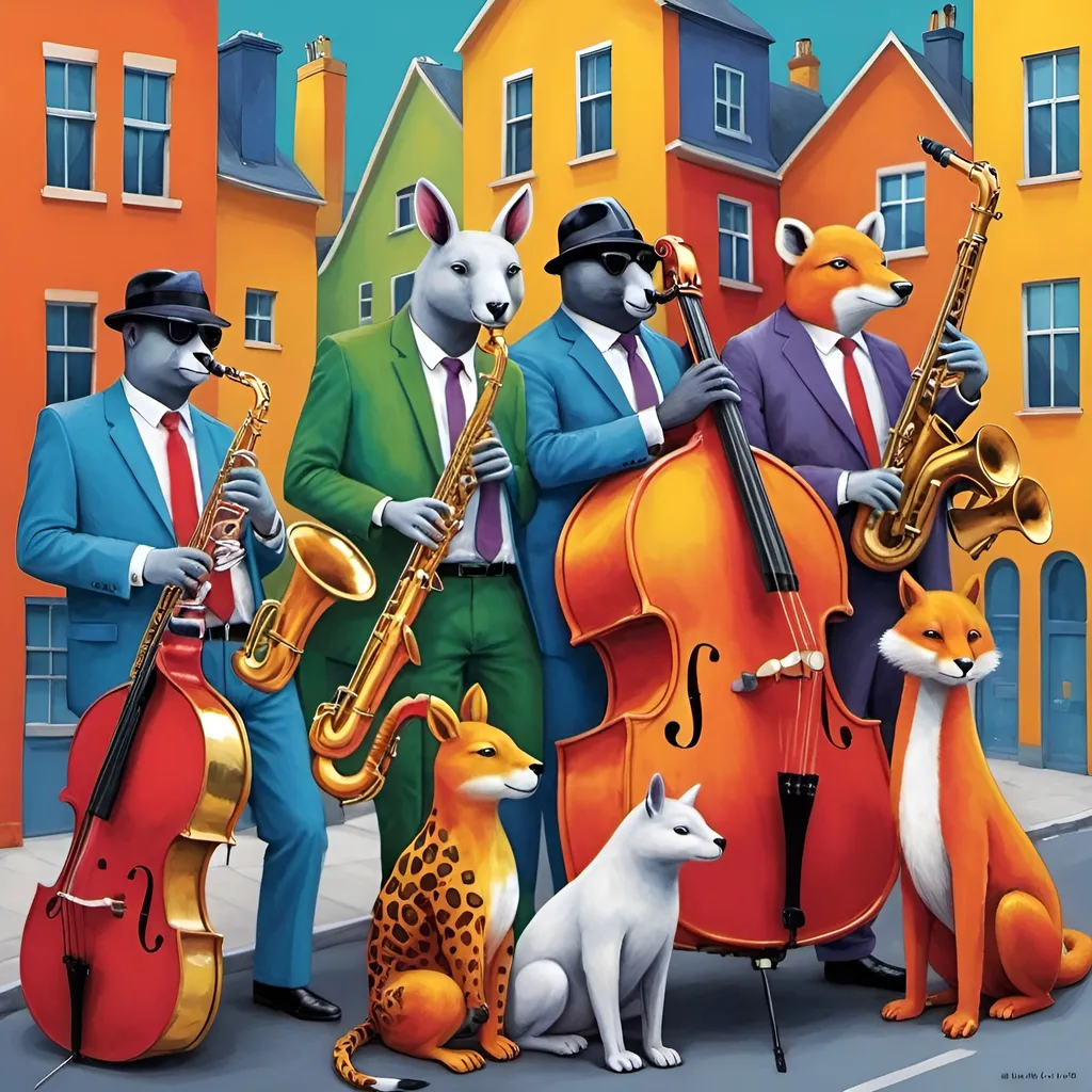 Prompt: Colourful animals jazz band city