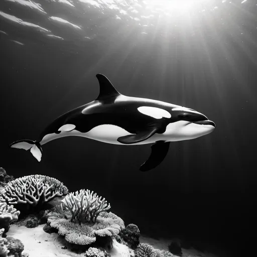 Prompt: Killer whale. Coral reef. Underwater. UHD 4K black and white 