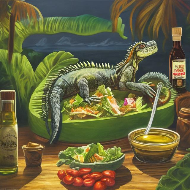 Prompt: The night of the iguana with salad oil painting 