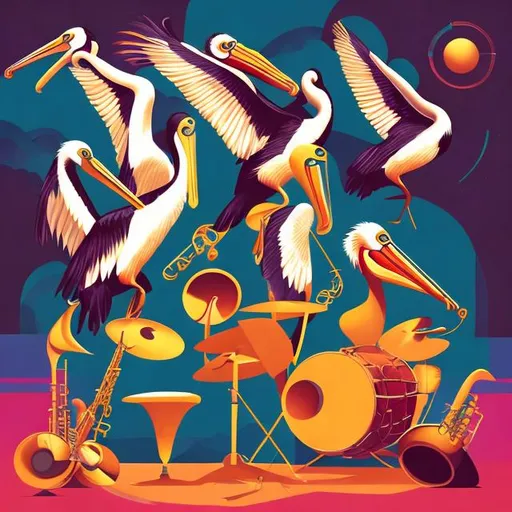 Prompt: jazz album cover with pelicans and instruments futurist style
