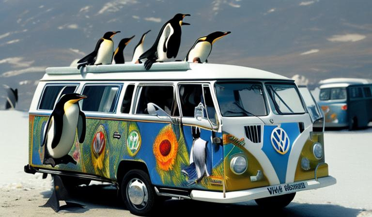 Prompt: Penguins in a VW ambulance hippies. 
