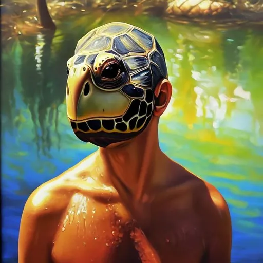 Prompt: Man with turtle head oil painting