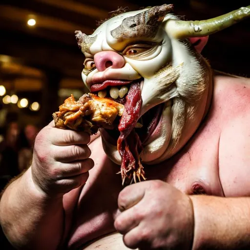 Prompt: Very fat grotesque animal eating a turkey leg 