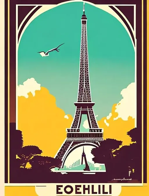 Prompt: art deco travel poster with eiffel tower