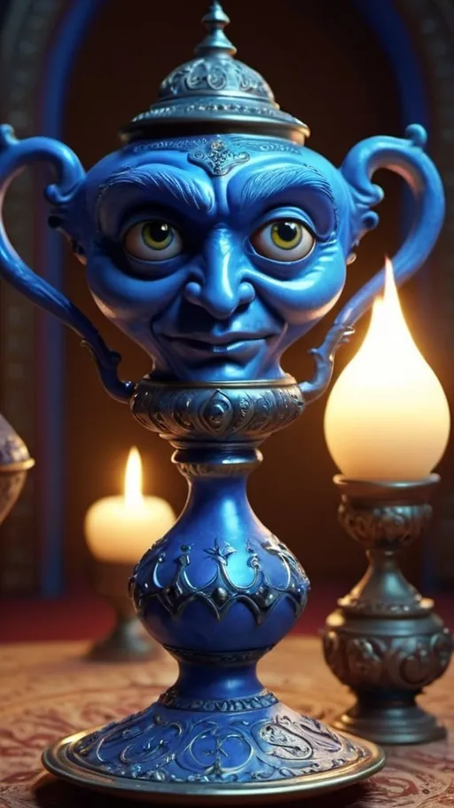 Prompt: Grotesque blue genii. Magic lamp. UHD