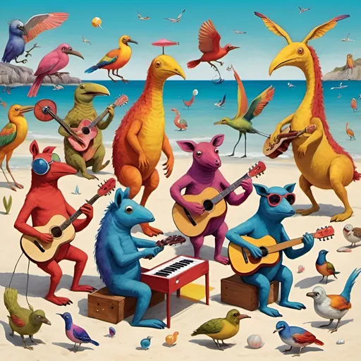Prompt: Colourful weird animals playing music beach 