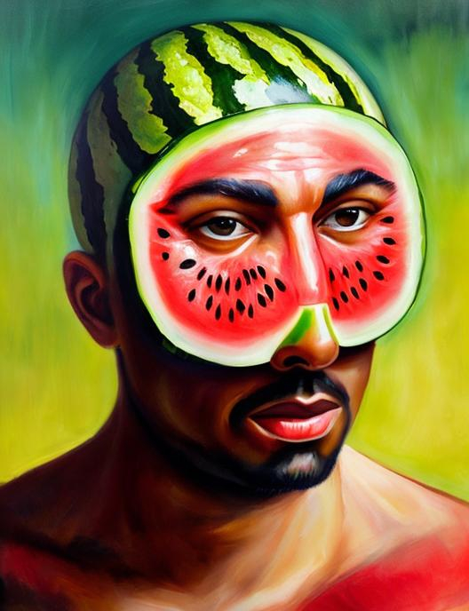 Prompt: Man with watermelon head oil painting 

