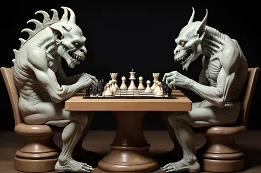 Prompt: Grotesque creatures playing chess 