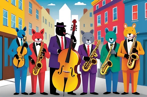 Prompt: Colourful animals jazz band city