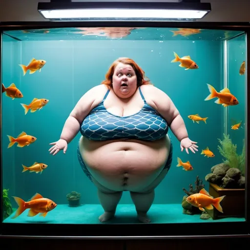 Prompt: Fat woman trapped in fish tank  