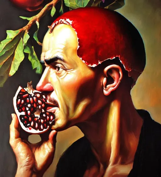 Prompt: Man with pomegranate head oil painting