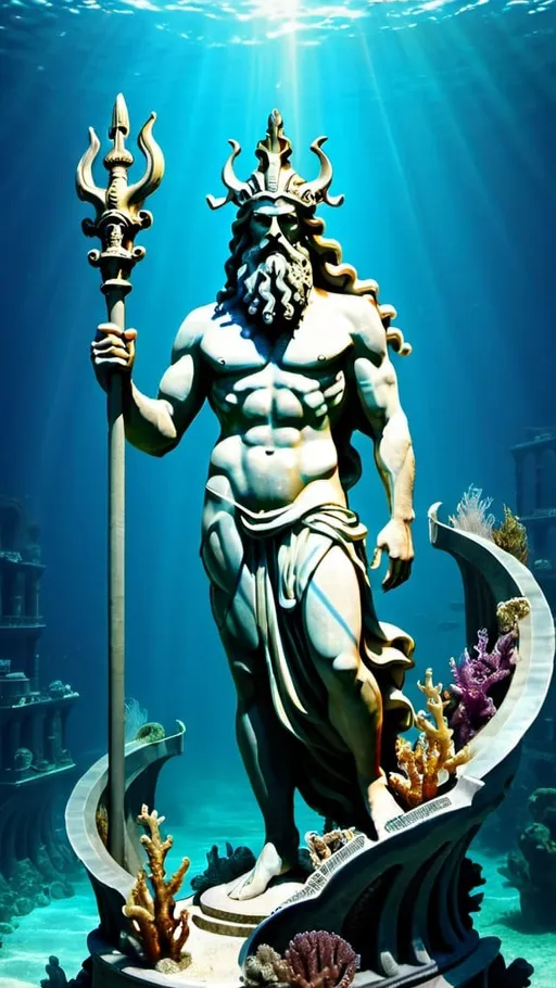 Prompt: Poseidon sea god. Underwater city. 