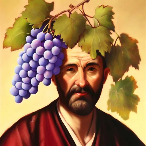 Prompt: man with bunch of grapes for head oil painting