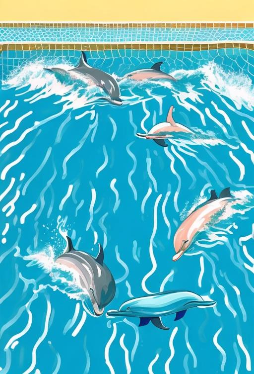 Prompt: Dolphins playing water polo in style of David Hockney 
