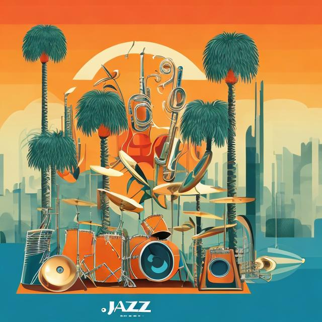 Prompt: jazz album cover with palm trees and instruments futurist style
