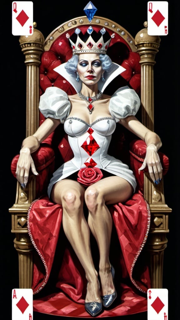 Prompt: Queen of Diamonds sitting on throne. Grotesque 