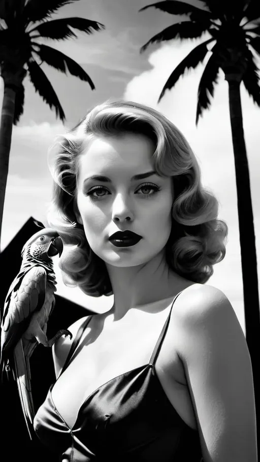 Prompt: Film noir movie poster with beautiful woman palm trees and parrots Black and white 