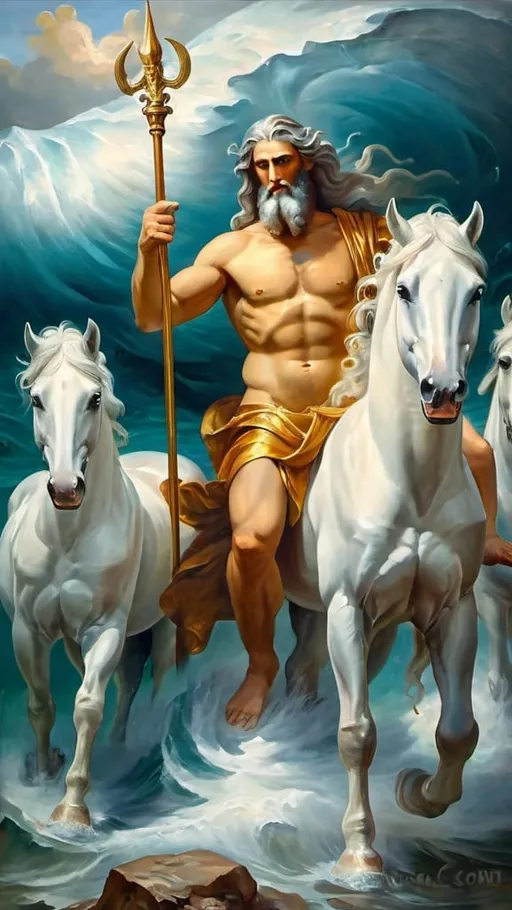 Prompt: Portrait of god Poseidon with white horses. Oil painting 