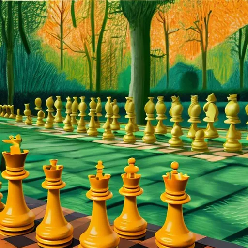 Prompt: Orange Chess pieces in a forest with ducks in style of david hockney