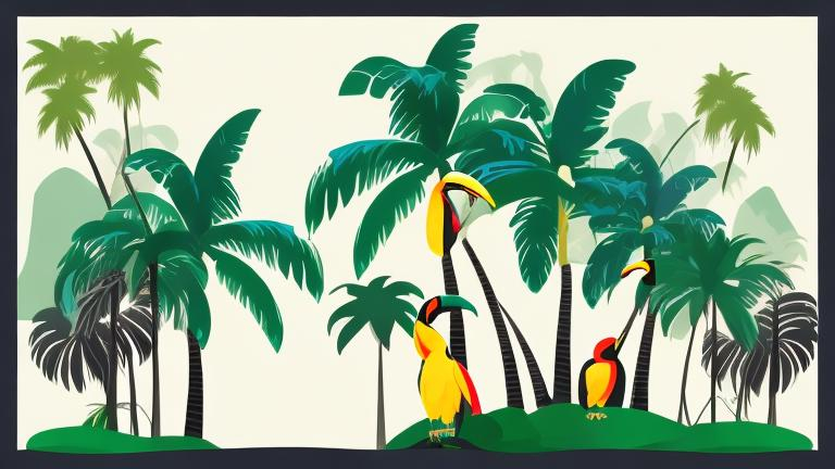 Prompt: Landscape with palm trees and toucans minimalist style 