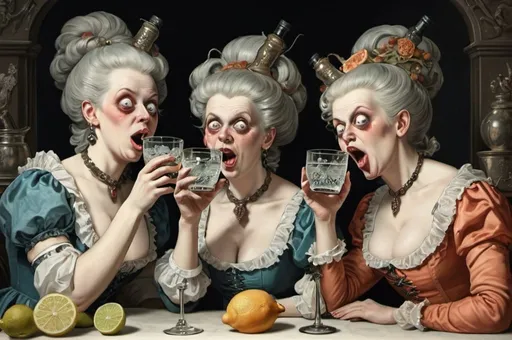 Prompt: grotesque women drinking gin