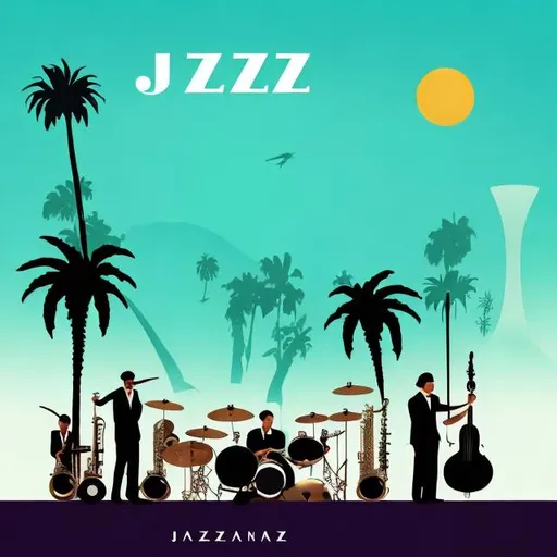 Prompt: Jazz album cover with instruments and lizards and palm trees minimalist style 