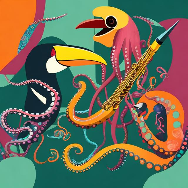 Prompt: Jazz album cover abstract with toucans and octopus 