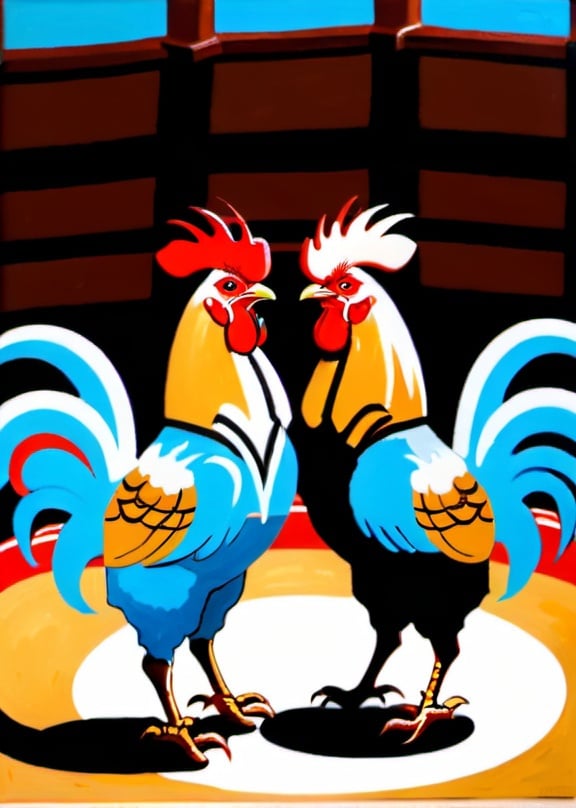 Prompt: Roosters fighting in an arena oil painting