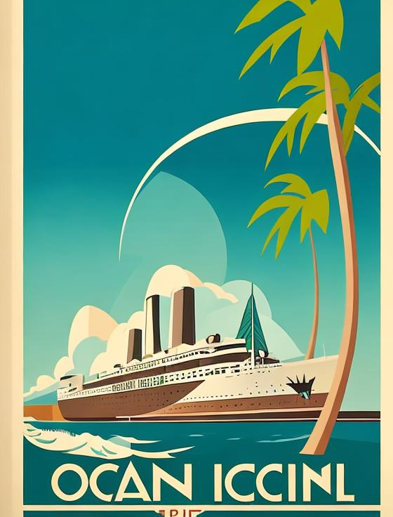 Prompt: Art deco travel poster with ocean liner
And palm trees

