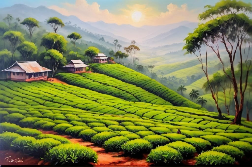 Prompt: Tea plantation in India. Oil painting 