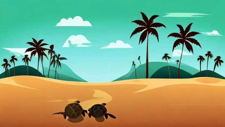 Prompt: Landscape with palm trees and turtles minimalist style 