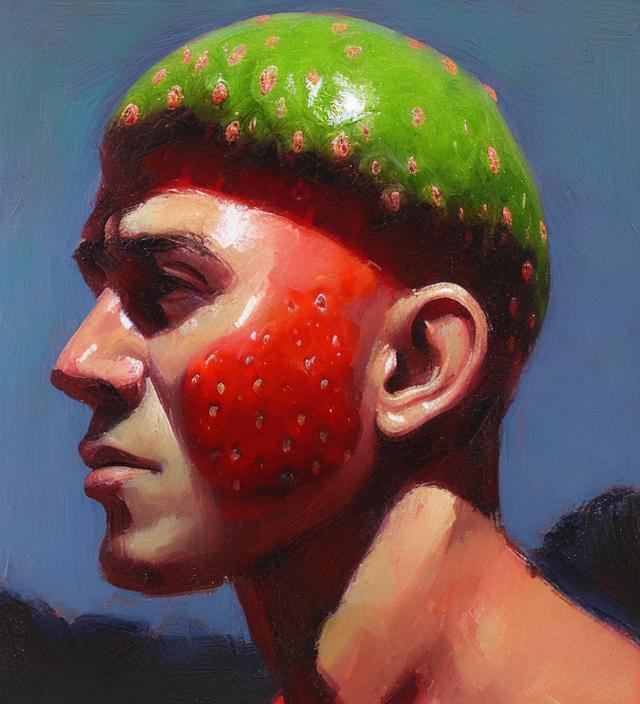 Prompt: Man with strawberry head oil painting