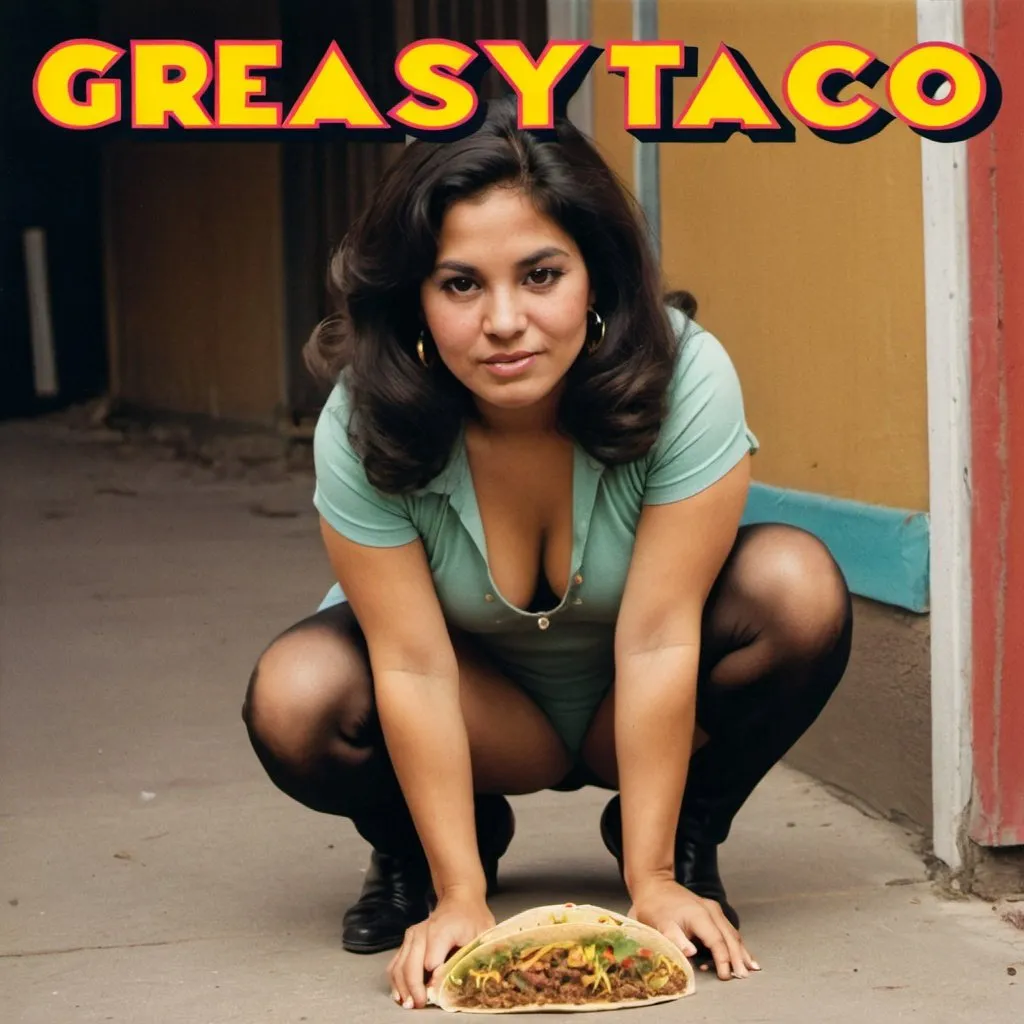 Prompt: Album cover for "Greasy Taco". Latina woman squatting over hole. 1970s style