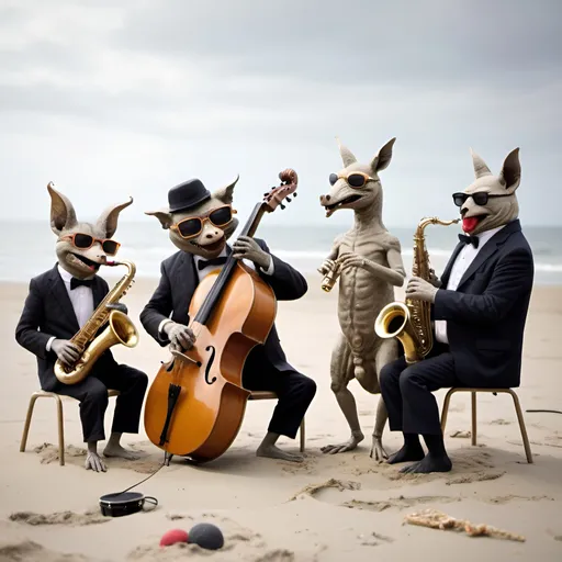 Prompt: grotesque animals playing jazz on beach