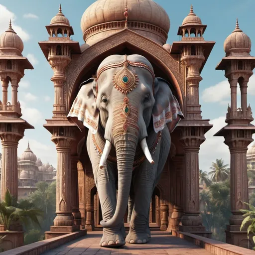 Prompt: Fantasy Indian palace on back of elephant. Surrealism. 8K, UHD, Photorealistic. 
