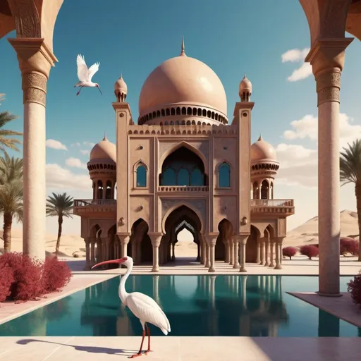 Prompt: Fantasy Arabian palace with ibis. Surrealism. 8K, UHD, Photorealistic. 