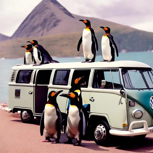 Prompt: Penguins in a VW ambulance hippies. 
