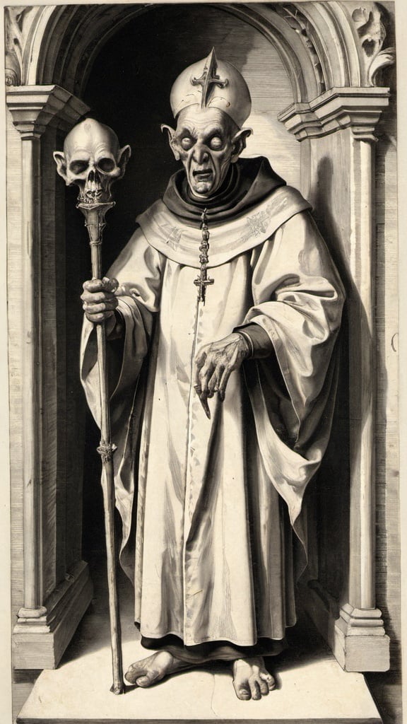 Prompt: Grotesque priest holding staff