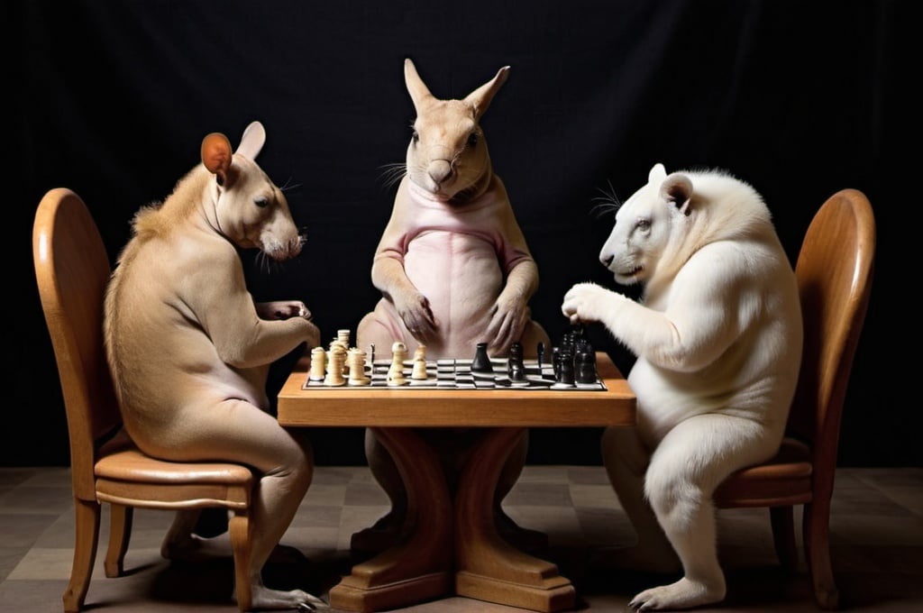 Prompt: Weird animals playing chess 