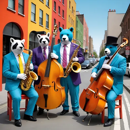 Prompt: Colourful animals jazz band city