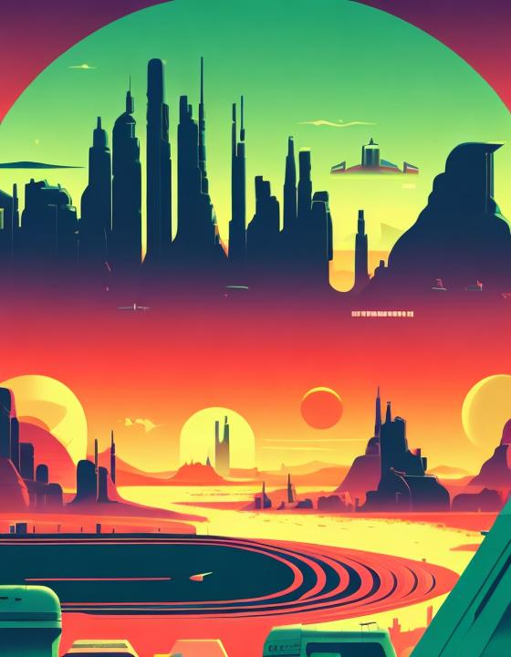 Prompt: Retro futurist landscape with vehicles