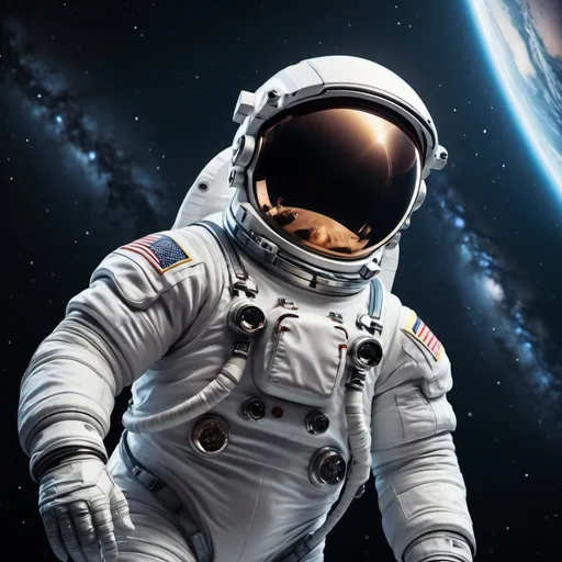 Prompt: Astronaut floating in space, distant galaxy backdrop, cosmic setting, high contrast, photo-realistic, detailed spacesuit, futuristic visor, vast emptiness, cool tones, majestic lighting