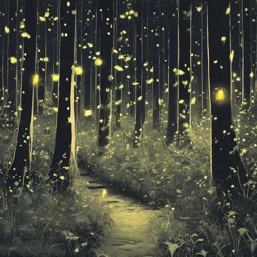 Prompt: A walk in the forest with fireflies 