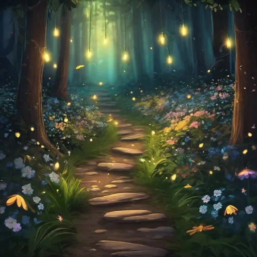 Prompt:  A pathway in the forest with fireflies and beautiful flowers 